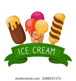 An illustration of an ice cream with a delicious dessert and a decorative ribbon on a white background. Vector design template for an advertising banner or poster with vanilla, chocolate, fruit.