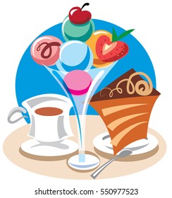 illustration of ice cream dessert with cake and coffee