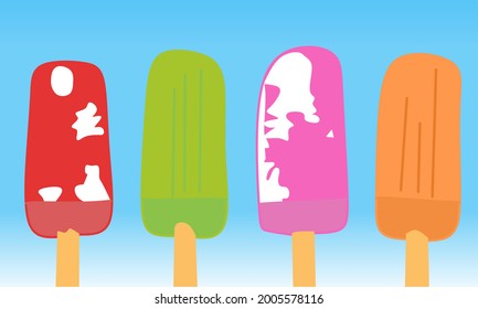 illustration of ice cream with different colors and flavors on a sky blue background.  summer