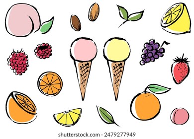 Illustration of ice cream and flavored fruits and nuts with a touch of brush
