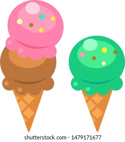 Illustration of ice cream (gelato) of waffle cone (chocolate mint, strawberry, chocolate)