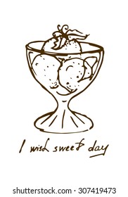 Illustration of ice cream in a glass. Balls of ice cream. Greeting card with a wish