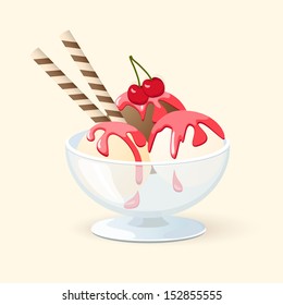 illustration ice cream in the glass bowl with cherry-eps10