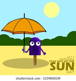 Illustration of Ice cream holding umbrella to shelter from direct sunlight with bold text, National Stay Out of the Sun Day July 3