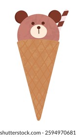 Illustration of ice cream in the shape of a bear's face. Ice cream in a waffle cone. Cute hand-drawn illustration.