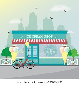Illustration of ice cream shop facade in blue color with bicycle. Flat style vector.