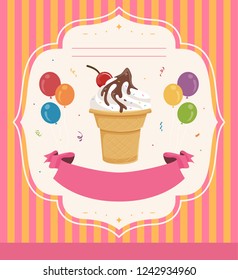 Illustration Of Ice Cream Social Invitation Design With Sundae, Balloons And Ribbon