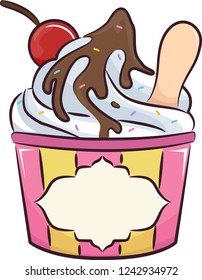 Illustration of an Ice Cream Sundae with Cherry, Wooden Scoop on Small Container