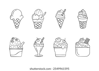 Illustration of ice cream with topping. Handdrawn ice cream icons. Doodles design. outline icons.