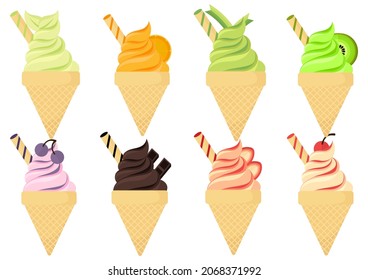 illustration of ice cream with various flavors, colors and toppings