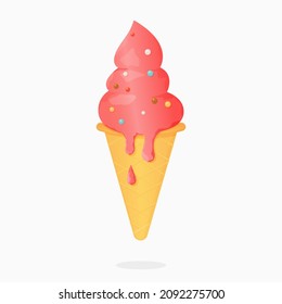 Illustration of ice cream in a waffle cone. Ice cream on top sprinkled with sweets.  Isolated white background. EPS10 vector illustration.