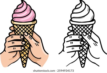 Illustration of ice cream in a waffle cone in the hands
Vector image of ice cream in a waffle cone held by hands.  The style of the drawing resembles a retro engraving.