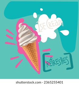 Illustration of ice cream in a waffle cup. Vector and text on turquoise background