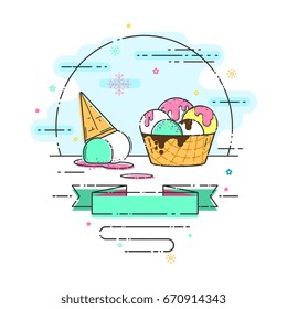 Illustration with ice cream in a waffle cup. Ice cream balls covered with chocolate icing and jam. Place for the inscription on the tape.