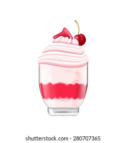 Illustration Ice cream with Whipped Cream, Jam and Cherry, Isolated on White Background, Sweet Dessert - Vector