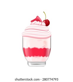 Illustration Ice Cream with Whipped Cream, Jam and Cherry, Isolated on White Background, Sweet Dessert - Vector