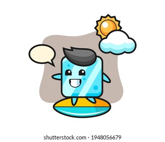 Illustration of ice cube cartoon do surfing on the beach, cute style design for t shirt, sticker, logo element