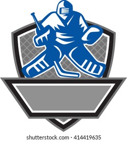 Illustration of a ice hockey goalie wearing helmet holding hockey stick set inside shield crest viewed from the front with net on the background done in retro style. 