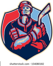 Illustration of an ice hockey player holding stick with arms crossed facing front done in retro style.