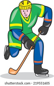 Illustration of an ice hockey player with hockey stick facing front set on isolated white background done in cartoon style.