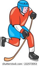 Illustration of an ice hockey player with hockey stick set on isolated white background done in cartoon style.