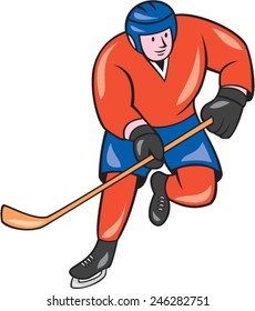 Illustration of an ice hockey player with hockey stick in action playing set on isolated white background done in cartoon style.