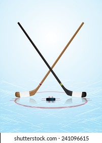 An illustration of ice hockey sticks, puck, and ice rink. Vector EPS 10. EPS file contains transparencies and gradient mesh.