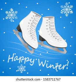 Illustration of ice skates for figure skating on a blue background with snowflakes, text Happy winter!