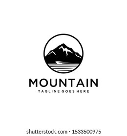 Illustration of Ice Snow Rocky Mountain, Creek River Mount Peak Hill, Landscape view logo design.