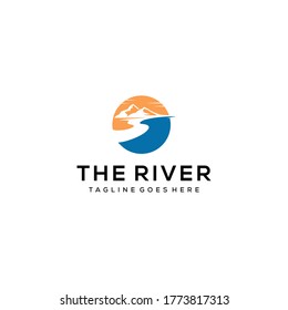 Illustration of Ice Snow Rocky Mountain, Creek River Mount Peak Hill, Landscape view logo design.
