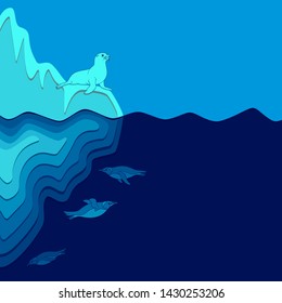 Illustration with iceberg, fur seal and penguins. Vector colored background with place for text.