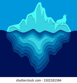 Illustration with iceberg and fur seal. Vector colored background.