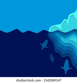 Illustration with iceberg and penguins. Vector colored background with place for text.