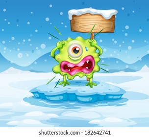 Illustration of an iceberg with a scared monster near the empty signboard