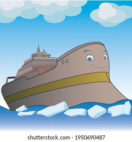 Illustration of icebreaker with chunks of ice in the sea, caricature, Vector.