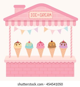 Illustration ice-cream cone cafe display on cute house booth design with pink pastel color background.