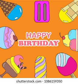 Illustration ice-cream various flavour for happy birthday card.Pink pastel colors.