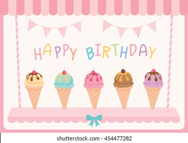 Illustration ice-cream various flavour for happy birthday card.Pink pastel colors.