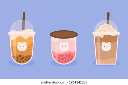 Illustration of iced boba or bubble milk tea flavors collection flat design