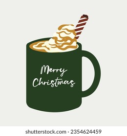 Illustration of an iced caramel macchiato drink on a pastel gray background. Creative Christmas themed illustration for holiday greeting cards, banners, wrapping paper, invitation cards and wallpapers