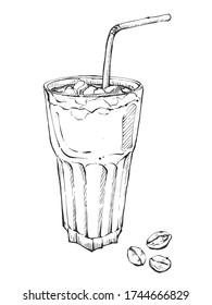 Illustration Iced coffee with coffee beans hand drawn sketch vector eps10.