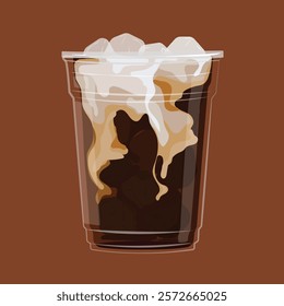 Illustration of iced coffee in a clear cup. Iced coffee with cream, iced coffee with ice cubes. Refreshing iced coffee on a brown background. Aesthetic vector illustration.