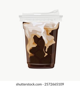 Illustration of iced coffee in a clear cup. Iced coffee with milk swirls. Refreshing iced coffee, perfect for coffee lovers. Aesthetic vector illustration isolated on white.