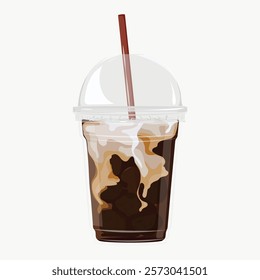 Illustration of iced coffee in a clear cup with a lid and straw. Iced coffee with milk swirls. Refreshing iced coffee in a plastic cup. Perfect iced coffee drink. Aesthetic vector illustration.