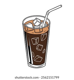 Illustration of Iced Coffee in Glass with Ice Cubes and Straw.