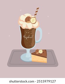 Illustration mit Eiskaffee bei Haselnuss Geschmack und Käsekuchen