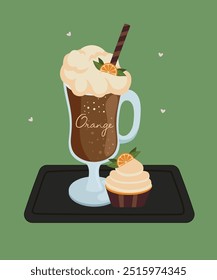 Illustration with Iced Coffee at Orange Taste and Cupcake