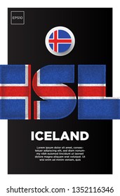 Illustration of Iceland flag made of three country abbreviations letter with grunge sponge effect.