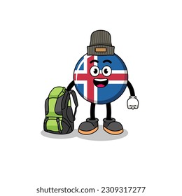 Illustration of iceland flag mascot as a hiker , character design