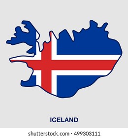 Illustration of the Iceland flag on map of country; isolated on white background.